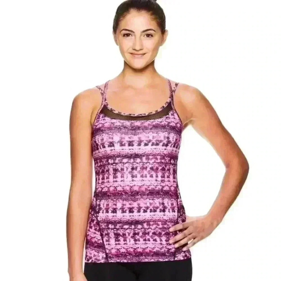 Gaiam Womens Shine Yoga Tank Top w/Built in Bra|Pink Black Pattern w/Lace Size S - Picture 1 of 10